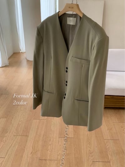 無領雙釦造型墊肩西裝外套7