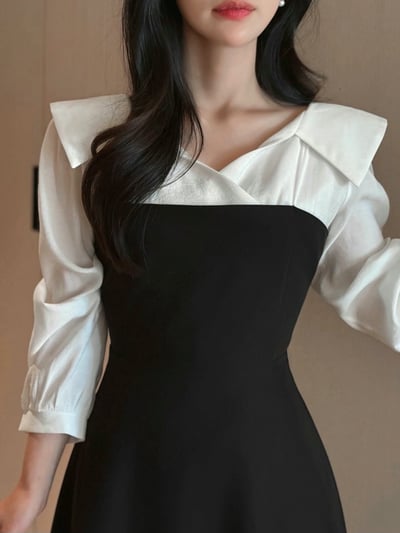 翻領層次拼接傘擺長洋8