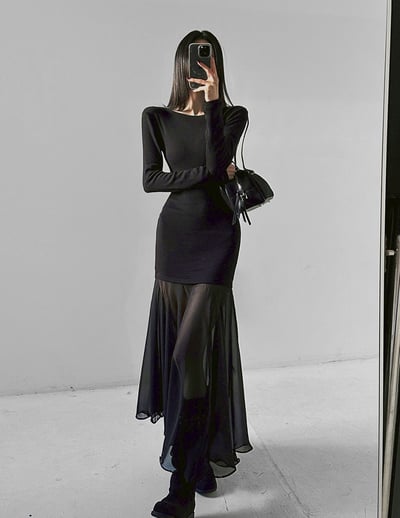 拼接透感網紗船領針織長洋4