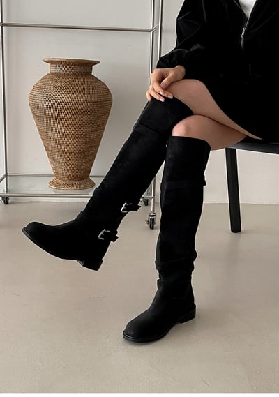 圓頭釦環麂皮膝上靴1