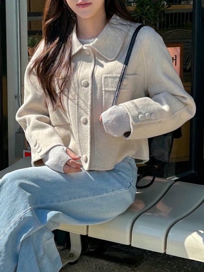 壓線雙口袋羊毛短版大衣外套1