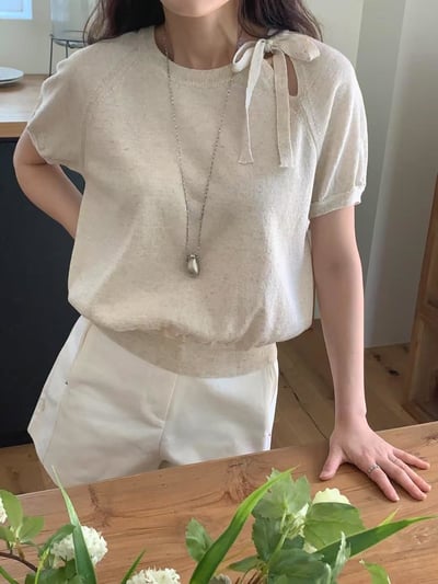 肩綁帶小公主袖針織短T4