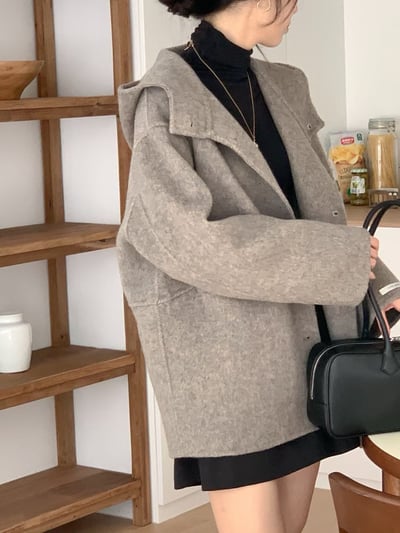 連帽壓線口袋手工羊毛100%長版大衣2