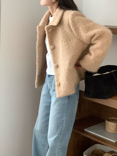 翻領包釦(56羊毛％)毛款外套1