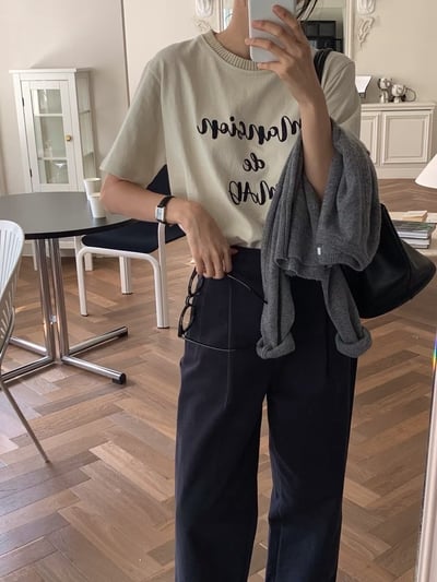 拼接螺紋領刺繡字母短Ｔ2