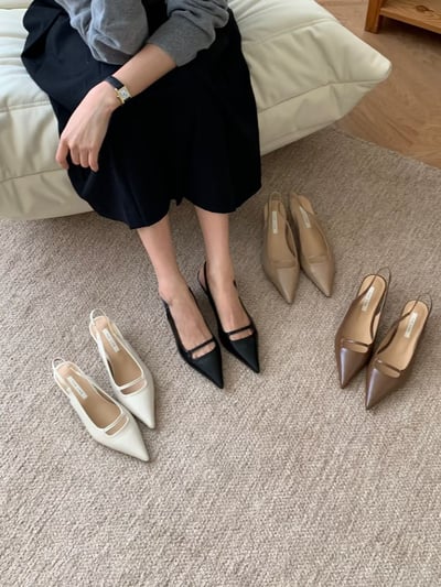 簡約一字款鏤空尖頭皮革跟鞋（5cm)2