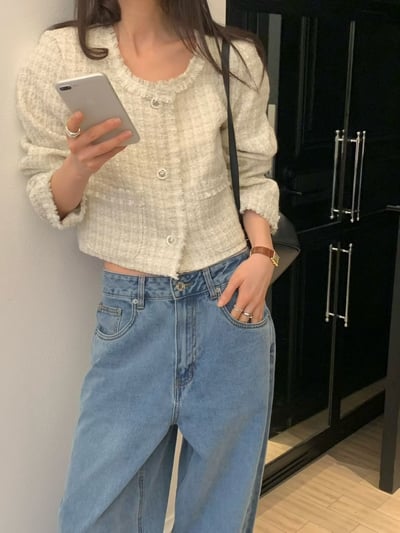 薄款花呢抽鬚短版珍珠釦小香外套1