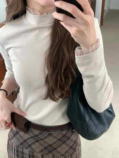 拼接花邊邊網紗高領打底衣2