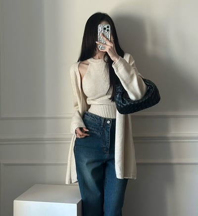 削尖針織背心＋開襟長版外套SET5