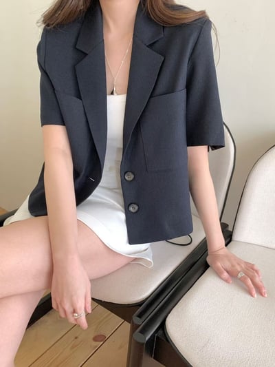 刀領雙口袋短版棉麻西外2