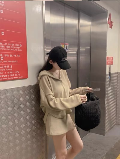 排釦連帽針織衫＋鬆緊開衩褲裙SET9