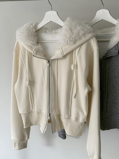 毛毛大翻領設計連帽外套＋鬆緊長褲SET9