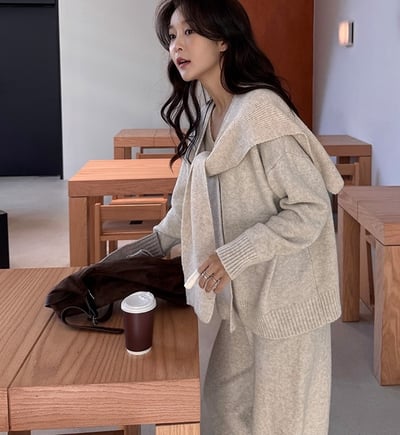 三件組｜Ｖ領針織衣＋披肩＋鬆緊寬褲SET9