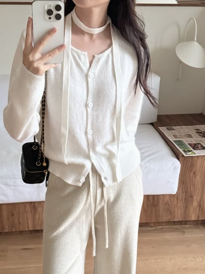 簡約排釦針織外套＋繞頸綁帶SET11