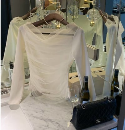 拼接歐根紗側邊抓皺平領上衣13