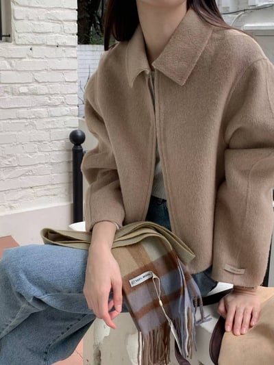 翻領拉鍊短版手工羊毛外套1