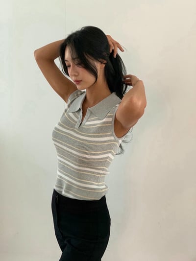 翻領配色條紋顯瘦背心1