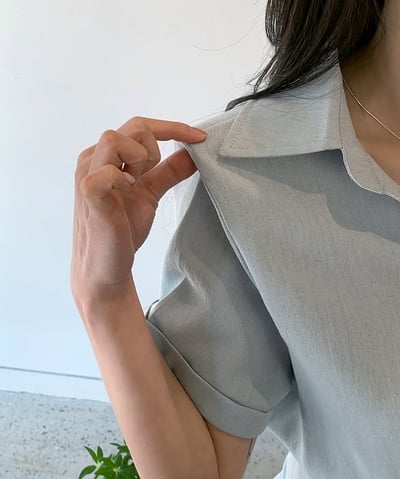 側綁帶短袖混棉麻襯衫＋鬆緊短褲SET16