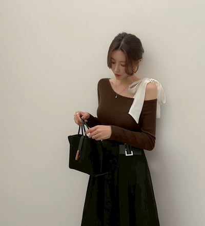 斜肩雪紡綁帶上衣8