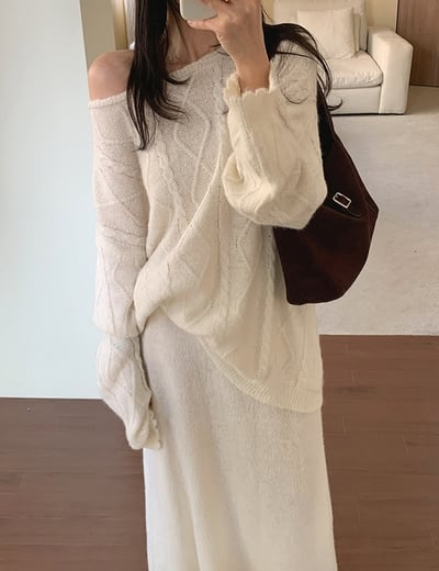 斜肩長版麻花針織衣+鬆緊落地長裙SET6