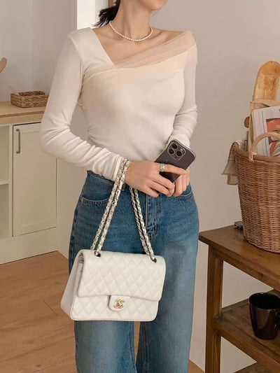 斜肩拼接網紗彈力薄針織衣5