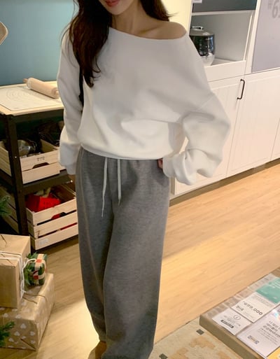 斜肩內抓絨素色大學Ｔ7