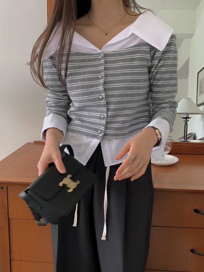 銀扣拼接襯衫翻領上衣4