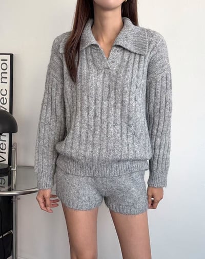 翻領坑紋落肩針織衣＋鬆緊短褲SET6