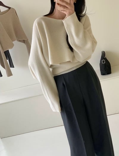 平口背心＋船領坑紋短版針織衫SET7