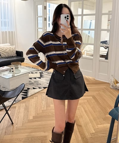 新款秋冬配色橫條紋針織外套9