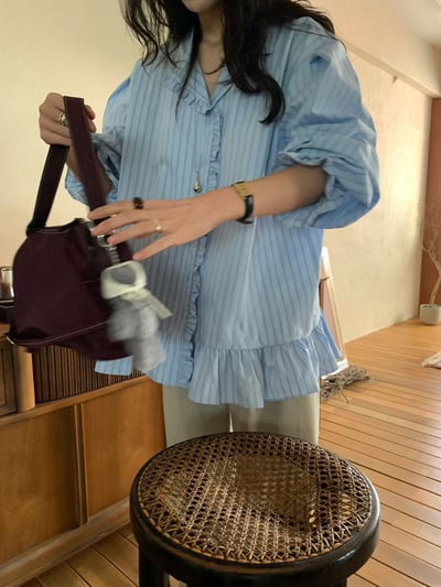 (客訂勿下單）公主袖直條紋荷葉下擺襯衫6