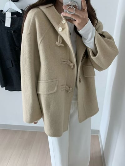 可雙釦連帽牛角羊毛外套5