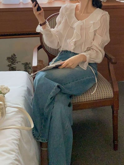 波浪滾邊綁結雪紡衫3