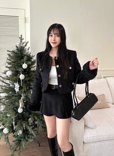 內羊羔毛拼接麂皮金釦短版外套(羊毛60%3