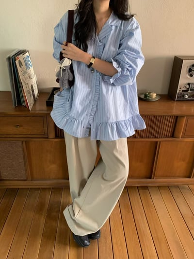 (客訂勿下單）公主袖直條紋荷葉下擺襯衫3