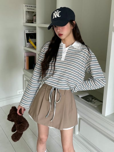 撞色蕾絲polo領配色條紋Ｔ8