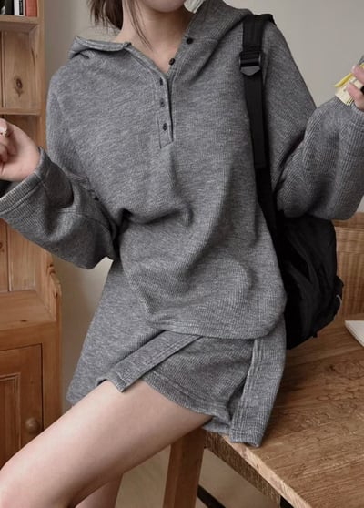 排釦連帽針織衫＋鬆緊開衩褲裙SET5
