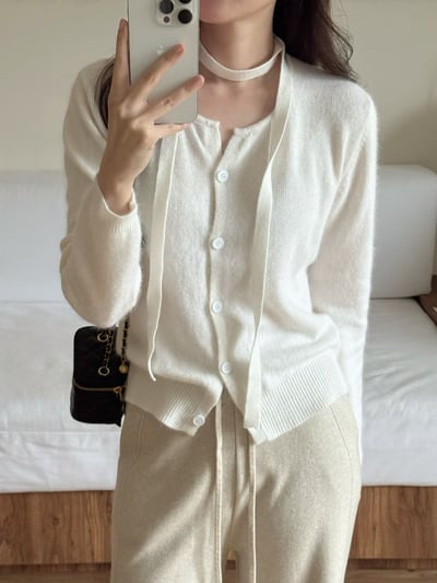 簡約排釦針織外套＋繞頸綁帶SET2