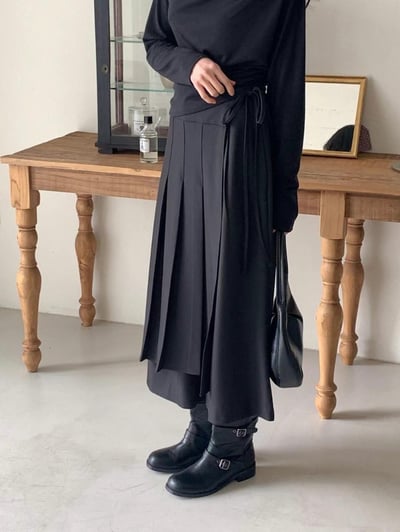 後鬆緊側綁帶百褶長裙1