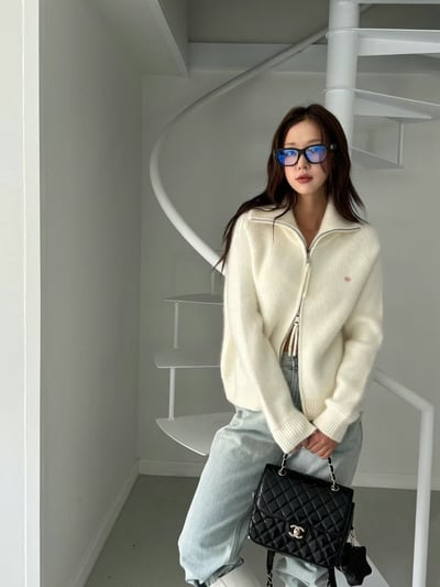 兔毛混馬海毛金屬logo可高領外套3