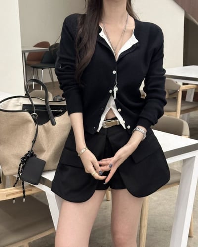 拼接色針織排釦長袖上衣1