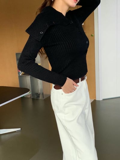 翻領露肩排釦坑紋針織衫6