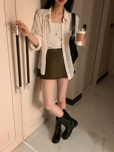 立體碎花口袋軟料襯衫（附綁帶）1