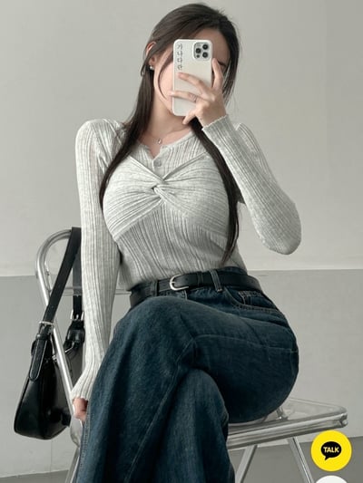 兩穿細坑條排釦罩衫＋扭結背心SET14