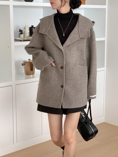 連帽壓線口袋手工羊毛100%長版大衣5