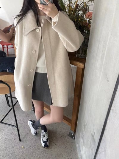 排釦傘襬後開衩羊毛大衣7