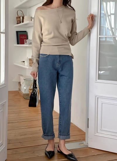 珍珠口袋滾邊直筒牛仔褲1