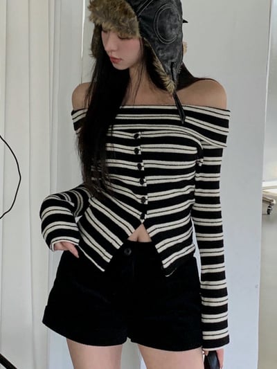 反摺領條紋排釦下開衩針織衣11