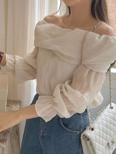 反摺平肩波紋感雪紡衫4