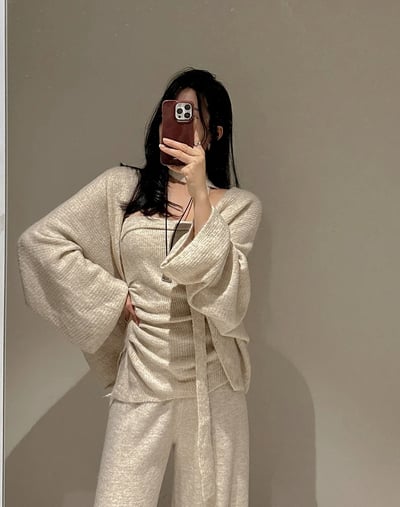 三件組｜平口抓皺背心＋開襟罩衫服綁帶＋鬆緊寬褲SET8